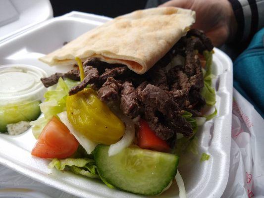 Hubbs had a hankering for Lebanese. Beef slouvaki salad.