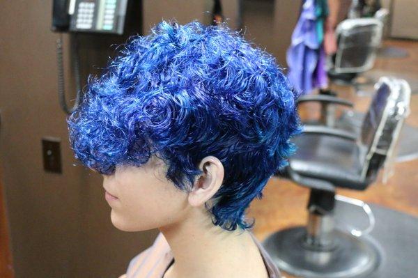 Blue color and cut by Angela at Fullglamsalon.com