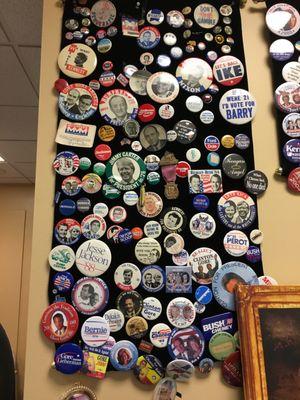 Wall of political buttons.