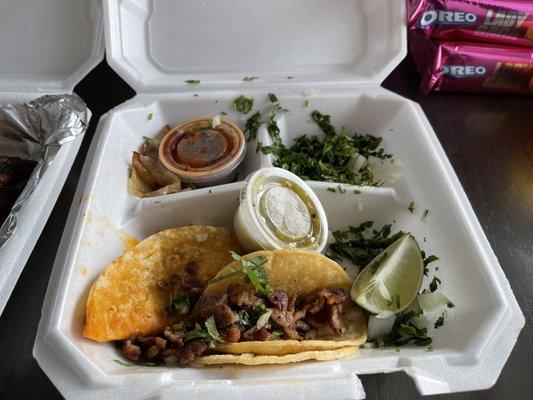 Carne asada taco and taco quesadilla