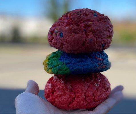 Fruity Pebbles, Rainbow, and Red Velvet cookies