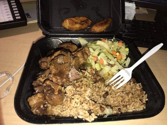 Delicious oxtail with rice and peas. It was delivered by UberEATS, a winning combination.