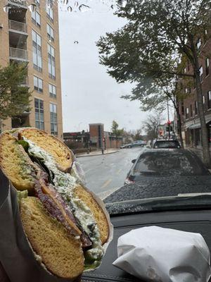 The yellow can on an EGG bagel -- no mayo ADD scallion cream cheese (NY style aka a lot)