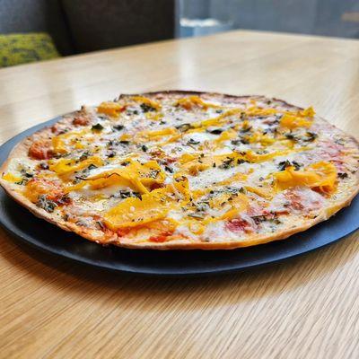 Squash & Sage Pie: gruyere, mozzarella, parmesan, butternut squash ribbons, tomato, savory herbs