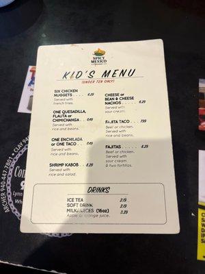 Kids menu