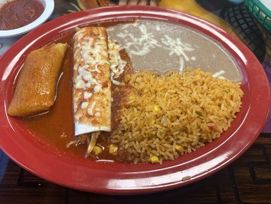 Build your own: pork tamal, chicken burrito, rice and refried beans