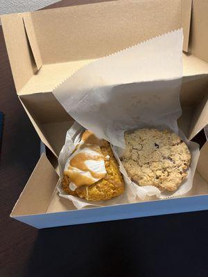 Pumpkin scone and white chocolate cranberry cookie.