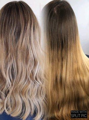 Side by side photo of Colour Correction; Custom Balayage on Natural & previous colour.