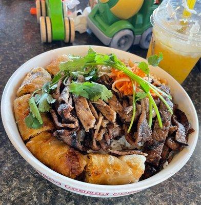 Noodle Bowl with Pork and Pork Eggrolls