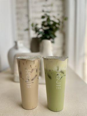 Black milk tea and iced uji matcha, both 50% ice and sugar