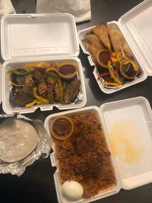 Turkey tails and fried yam, fried beef with jollof, fried croaker with banku