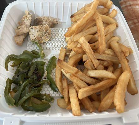 Chicken from the wrap was moist. Peppers were not held. Fries always undercooked and limp. Hey at least they ditched the styrofoam