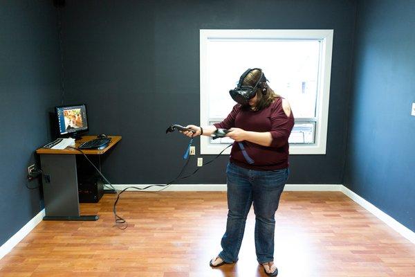 Virtual reality gear being tested at the grand opening party in May of 2018!