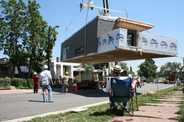 Prefabricated module being set in the Highland neighborhood in Denver