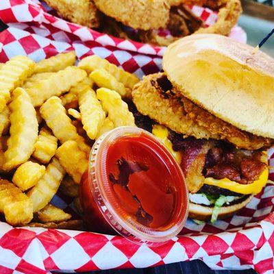 the west Texas burger and crinkle cut fries.