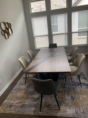 Dining Table, Chairs, Rug