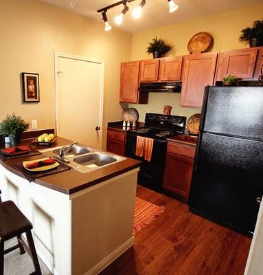 All of our kitchens feature all black appliances, dark wood cabinetry and plank wood flooring!