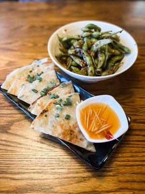 Crispy Scallion Pancake and Spicy Garlic Edamame