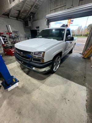 Clean silverado needed new tires on his 24 inch wheels and we got them replaced and got him back on the road.