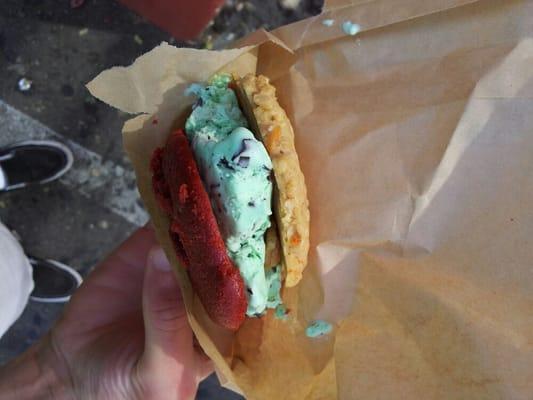 Red velvet cake cookie, mint chip ice cream, and a vegan carrot cake cookie.