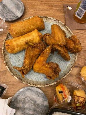 chicken wings and egg rolls