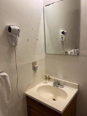 Bathroom sink, hair dryer, and mirror