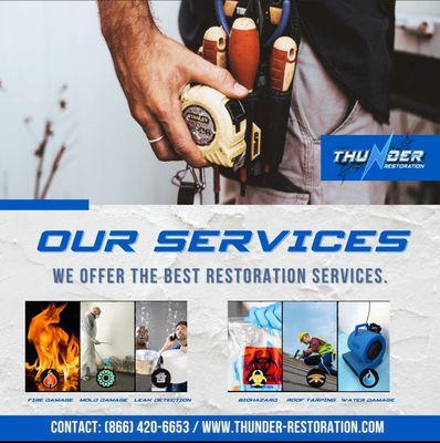 Our services include mold remediation, fire restoration, leak detection, biohazard cleaning, roof tarping, and water damage repair.