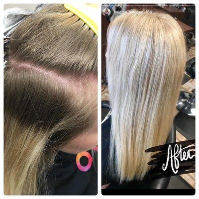 Haylee's before and after of her client's Icy blonde color.