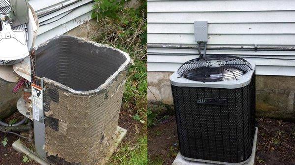 Before/After of an air conditioning cleaning - the unit can breathe now - less electricity and wear/tear!