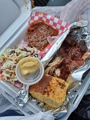 12oz Pulled Pork Plate with Brisket Chili and Pineapple Coleslaw!