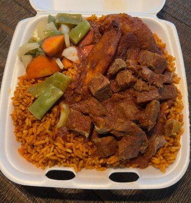 Stewed beef cubes, jollof rice, mixed veggies and plantain