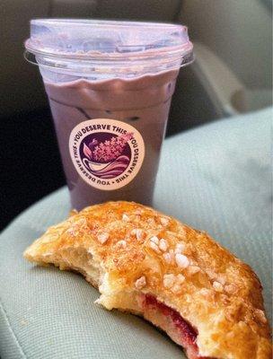 Ube cream iced latte with oat milk guava pastry