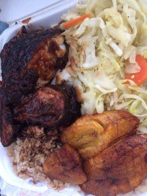 Large Jerk Chicken plate with cabbage, rice & beans with plantain.