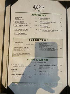 Appetizer, soup, and salad menu