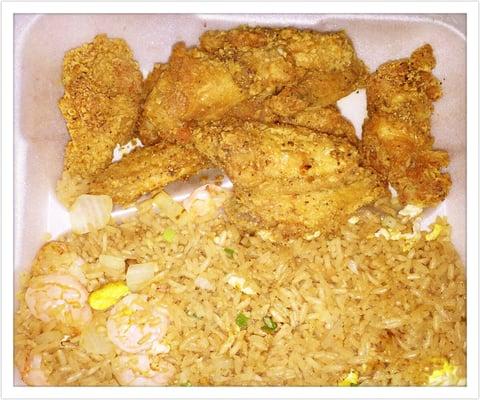 Lemon pepper wings and shrimp friend rice