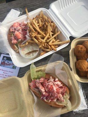 Lobster roll, lobster roll meal, side of hush puppies.