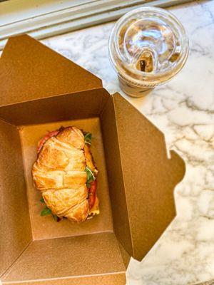 Croissant sandwich and lavender latte