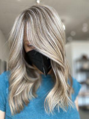 Icy blonde balayage with long lob