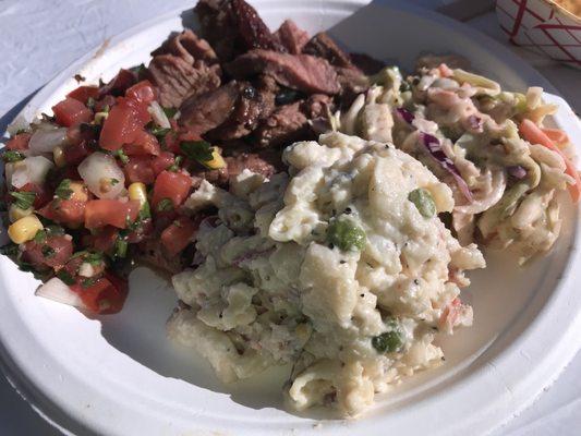 Tri-tip with cole slaw and a potato concoction. Also a bland pico.