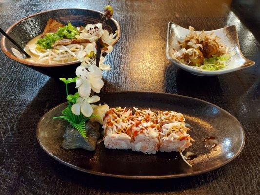 Left to right: Tonkatsu ramen, Fantastic sushi roll, takoyaki.