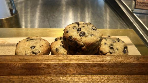 Tahini chocolate chip vegan cookies topped with sea salt