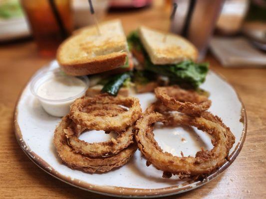 Onion rings and vegan sandwich