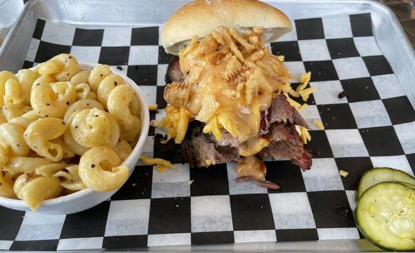 Beef & Cheddar Sandwich with a side of Smoked Mac n Cheese