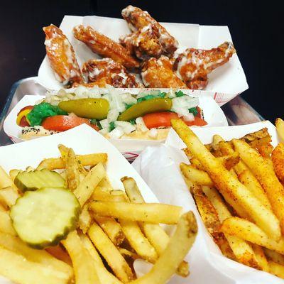 Garlic tossed wings, Grand Dog "chicago style", garlic dill fries, and hott fries.