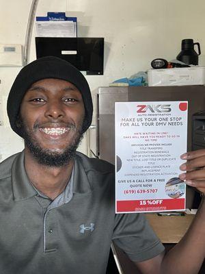 Mahdi from Zak's DMV services super helpful, nice and polite.