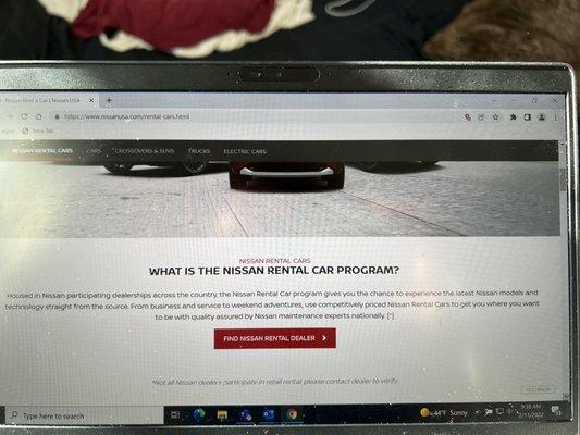 The website states Nissan offers rental car program