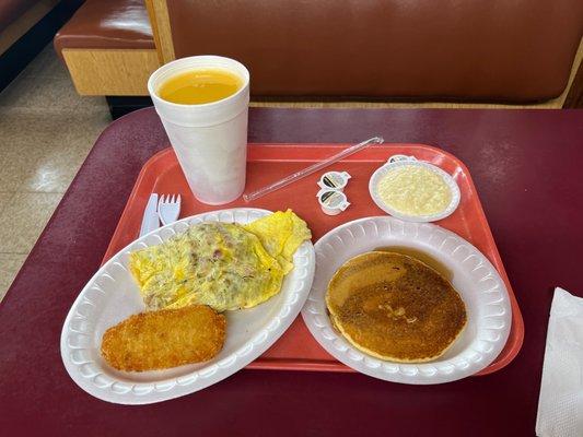 The meat lover's omelet, hotcake , grits, and hashbrown are great!