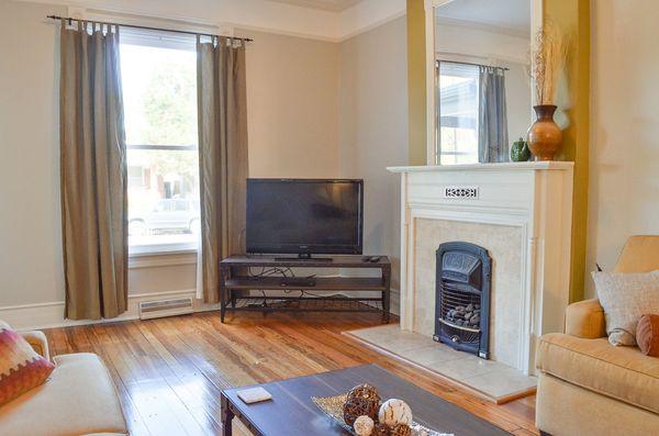 Flatscreen TV and beautiful fireplace!