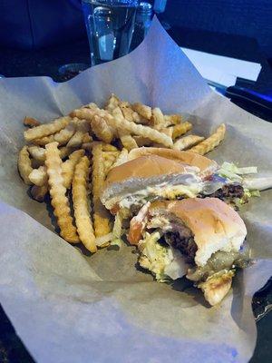 Mini burger and crinkle cut fries.