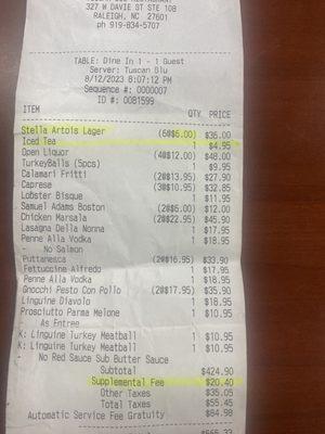 Copy of receipt see $4.95 ice tea and "Supplemental Fee" of $20.40 aka credit card fee.